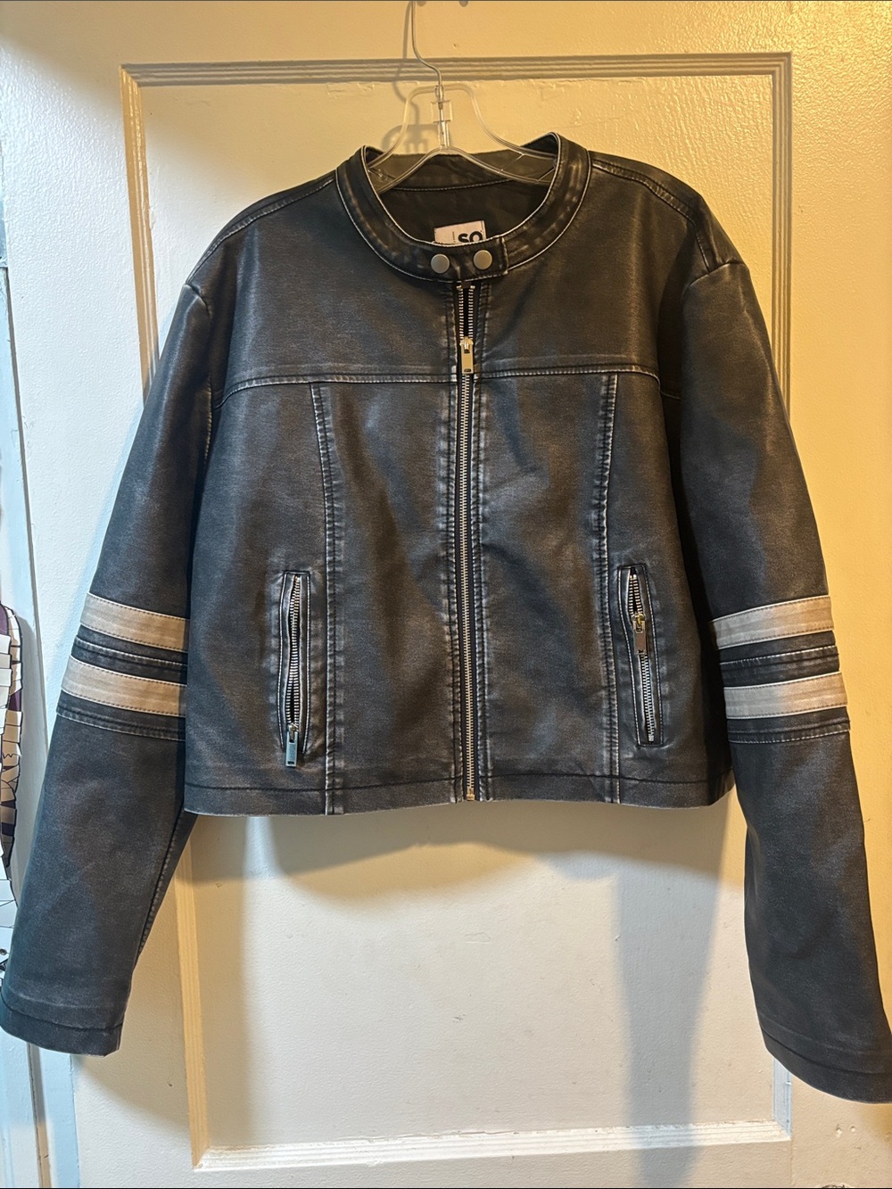 SO Black Faux Leather Jacket with Gray Sleeve Stripes